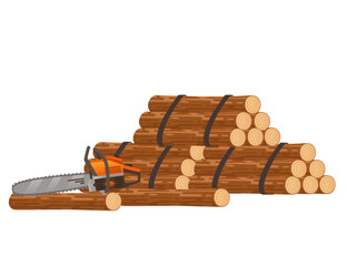 Pile of neatly stacked logs secured with black straps, ready for processing. In front of the logs lies an chainsaw. Vector illustration with green trees, and blue sky