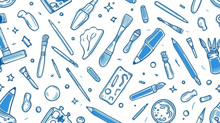 Obraz premium A seamless pattern featuring various artists' tools including brushes, pencils, paints, and other drawing instruments set against a white background.