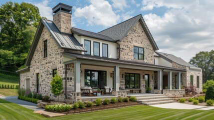 modern suburban farmhouse with an elegant stone exterior and a large, inviting front porch, perfect for relaxing afternoons