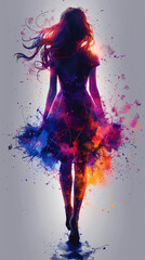 Obraz premium Artistic Silhouette of a Girl in a Colorful Dress with Splashes of Paint in a Vibrant and Dynamic Illustration