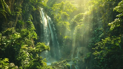 Lush Waterfall in a Tropical Rainforest.