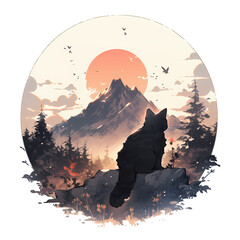 Silhouette of a Cat Sitting on a Rock Overlooking a Majestic Mountain at Sunset. Peaceful and Dreamy Illustration of Nature and Wildlife with Warm Tones.