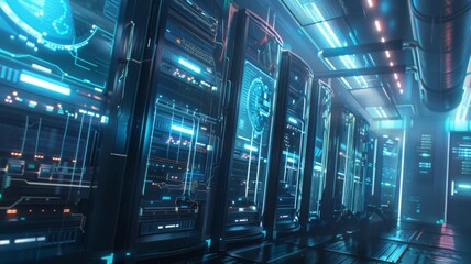Obraz premium Futuristic server room with glowing blue interfaces.