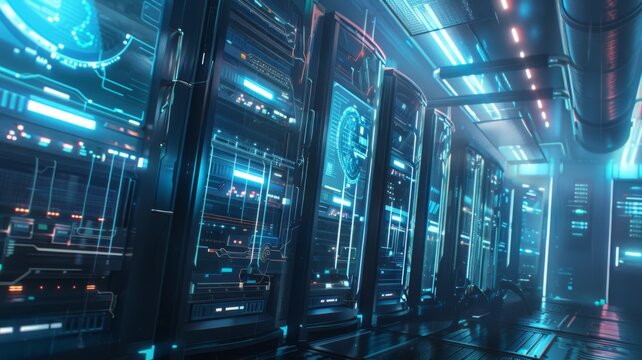 Futuristic server room with glowing blue interfaces.