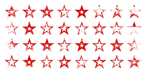 Red vintage stars with cracks and stains. Old hand-drawn sign, black simple shape. Retro design element with distressed effect, grunge texture. Vector illustration