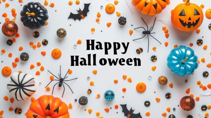Background Happy Halloween with Pumpkins, Spiders and Bats.