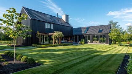 Obraz premium modern suburban farmhouse with a dramatic black exterior, surrounded by a neatly trimmed lawn and a small orchard