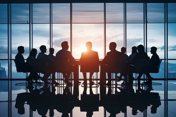 Office team meeting, silhouettes of company employees and coworkers sitting around the table conference in company discussing business topics, corporation colleagues talking about success in economy