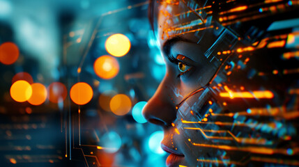 Futuristic AI Concept: A Close-Up of a Female Cyborg with Integrated Circuitry and Neon Lights, High-Tech Interface, Digital Innovation, Artificial Intelligence Visualization, Technology and Human Int