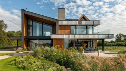 modern suburban farmhouse with a dynamic, angular architecture featuring a blend of wood and glass, nestled in a beautifully landscaped meadow