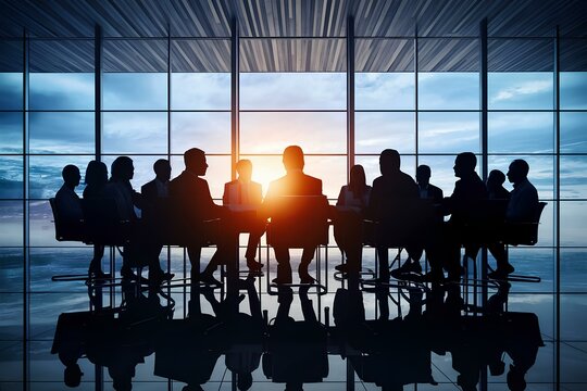 Office team meeting, silhouettes of company employees and coworkers group sitting around table conference in company discussing business topics, corporation colleagues talking about success economy