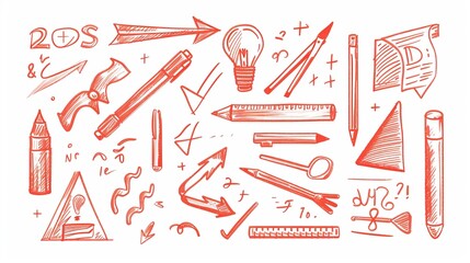 A creative illustration displaying a variety of hand-drawn stationery items, including pens, rulers, arrows, and light bulbs, with a red color theme highlighting educational elements.