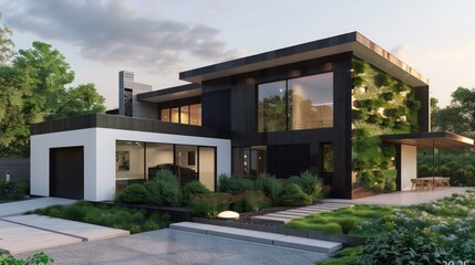 modern suburban farmhouse with a minimalist black and white exterior, accented by sustainable landscaping and a vertical garden wall