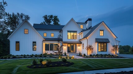modern suburban farmhouse with an integrated smart home system, featuring automated lighting, climate control, and security, all managed via a centralized touch panel
