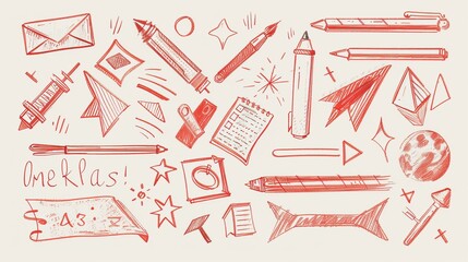 An illustration featuring various hand-drawn doodles of pens, pencils, paper planes, stars, and other school-related items, with a whimsical and artistic design in red color.