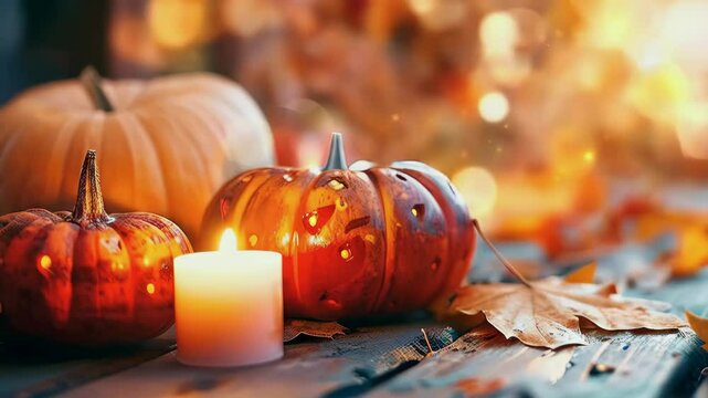 Pumpkins with burning candles on the wooden home porch at night. Blurred background of fall leaves and bokeh lights. Thanksgivings holiday, autumn celebrations. Horizontal banner, copy space for text