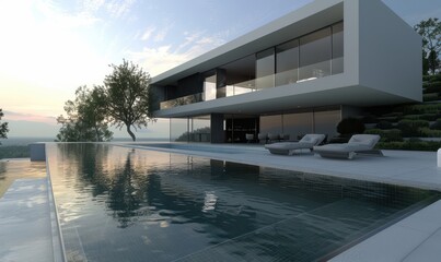 Obraz premium Modern house with pool, surrounded by trees, and contemporary design elements.
