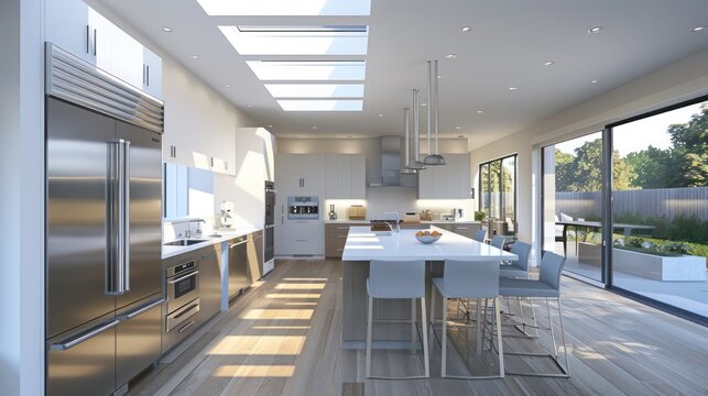 modern suburban farmhouse with a sleek kitchen that includes high-tech appliances, a central island for cooking and socializing, and natural light flooding in through skylights