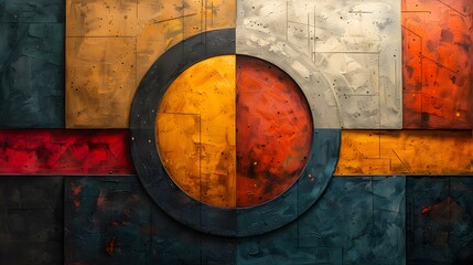 A colorful abstract painting with a large circle in the center. The circle is surrounded by a square and a triangle. The painting has a bold and vibrant feel to it, with the colors of red, yellow