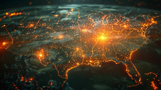 A digital visualization of satellite communication pathways across the United States, highlighting major metropolitan areas and connecting lines.