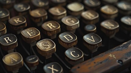 A close-up image showcasing the vintage typewriter keys, highlighting the intricate and detailed design of the letters and the aged appearance of the device.