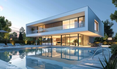 Modern house with pool, surrounded by trees, and contemporary design elements.