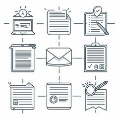 This illustration shows various icons of documents, papers, and checklists with a central envelope, ideal for business, formal communication, and productivity themes.