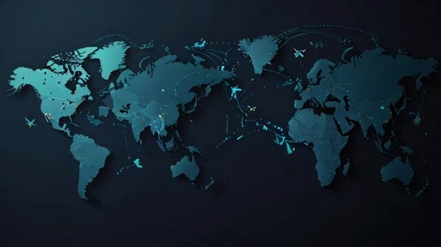 An exclusive HD viral view of A stylized world map with dotted flight paths and airplane icons  