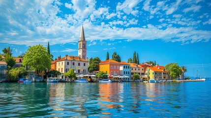 Obraz premium This image shows a vibrant coastal town with colorful buildings lining the waterfront. Clear skies and calm waters reflect the picturesque scenery and inviting atmosphere.