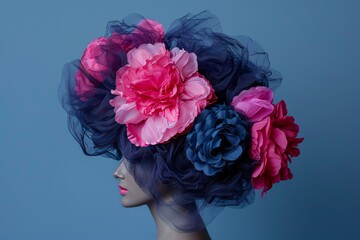 Artistic profile portrait of a woman with an elaborate floral headdress set against a muted blue background capturing elegance creativity and the beauty of nature