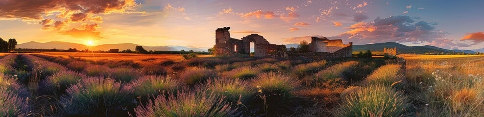 Fototapeta premium Sunset Over a Lavender Field with a Stone Ruin