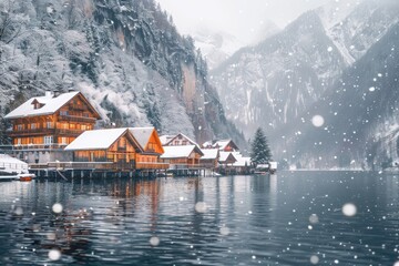 Fototapeta premium Winter Wonderland: Snowy Alpine Village by the Lake