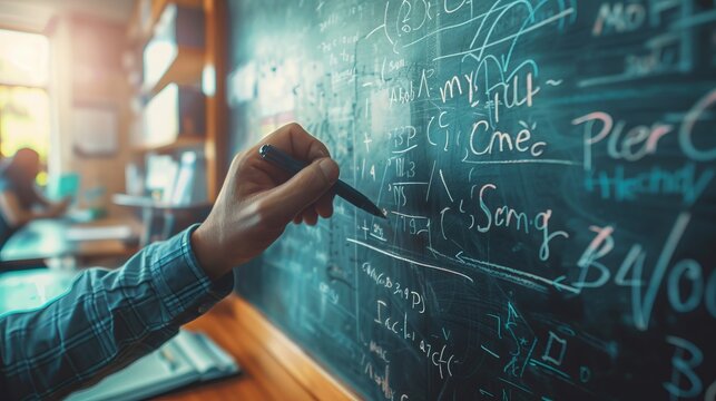 An educator carefully writes intricate mathematical formulas on a large chalkboard in a well-lit classroom, demonstrating key learning concepts during a math lesson that engages students.