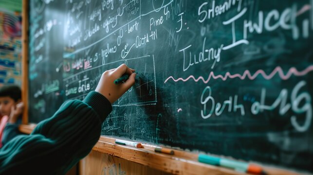 A student's hand draws a detailed graph on a blackboard, capturing a visual representation of mathematical concepts crucial for understanding the lesson being taught in the classroom setting.