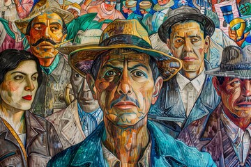 Mural Featuring Intense Portraits Of Diverse Individuals, Including A Man With A Mustache And Hat