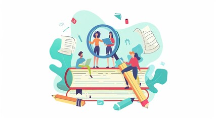 Illustration of a group of people working together on a project involving large books, utilizing magnifying glasses and pencils, indicating teamwork and collaborative learning.