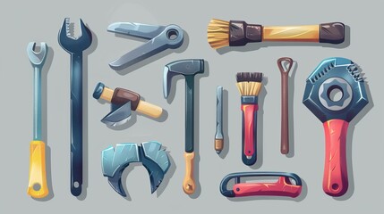 Digital illustration featuring a colorful, diverse set of tools, including hammers, wrenches, and utility knives, designed to represent a comprehensive toolkit, essential for various projects.
