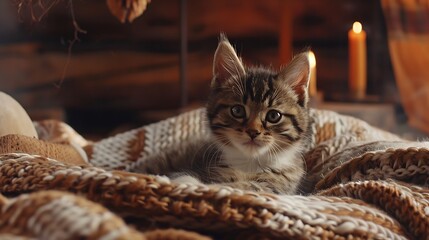 A cute kitten in the coziness of cabins