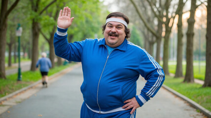 A fat man in a blue tracksuit raises his hand to greet us on the path in the park