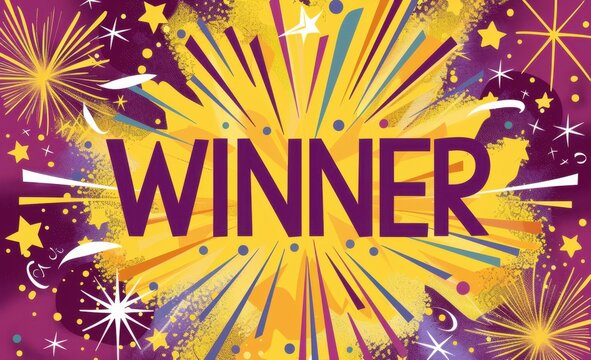 lucky winner banner with yellow background and purple text "WINNER" and white stars, yellow and purple colors with a fireworks effect Generative AI