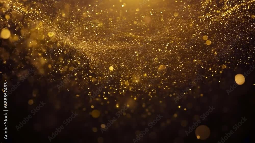 Poster golden glitter particles float in the air, creating a sparkling effect against a dark background.