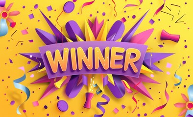 lucky winner banner with a yellow background and purple text "WINNER" on it, a fireworks design colorful, a purple color palette, a yellow color palette Generative AI