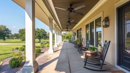 expansive front porch of a suburban farmhouse, equipped with ceiling fans, comfortable rocking chairs, and views of a sprawling front yard