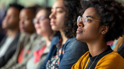 Obraz premium Colleagues attentively listening to a lecture, focused and interested, right third copy space