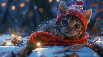 A cute kitten in the magic of the season