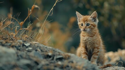 A cute kitten in the solitude of the wilderness