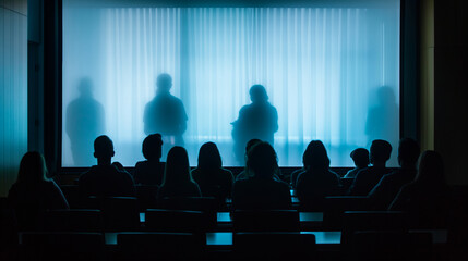 Important lecture slides projected on the screen with colleagues in silhouette, modern and tech-savvy, left third copy space