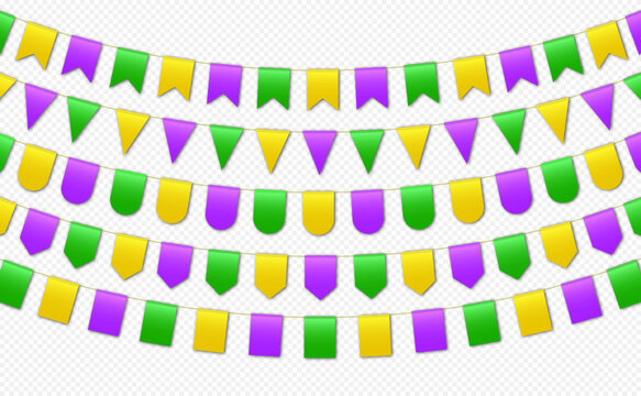 Bunting flags, carnival party flags, Mardi Gras festive pennants hanging on a rope. Festival vector decoration.