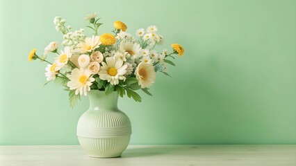 Still life of vase with bouquet of flowers in front of green wall