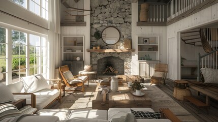 chic living room in a suburban farmhouse with a large stone fireplace and rustic wooden furniture